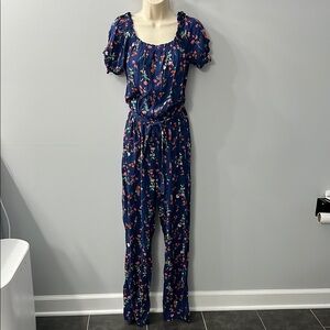 Kingston Grey Blue & Red Floral Short Sleeve Ruffle Belted Jumpsuit Large